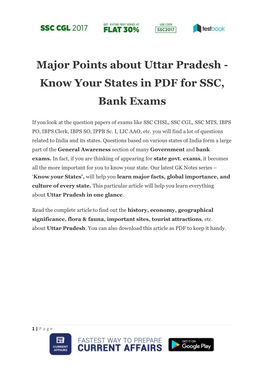 Major Points About Uttar Pradesh - Know Your States in PDF for SSC, Bank Exams
