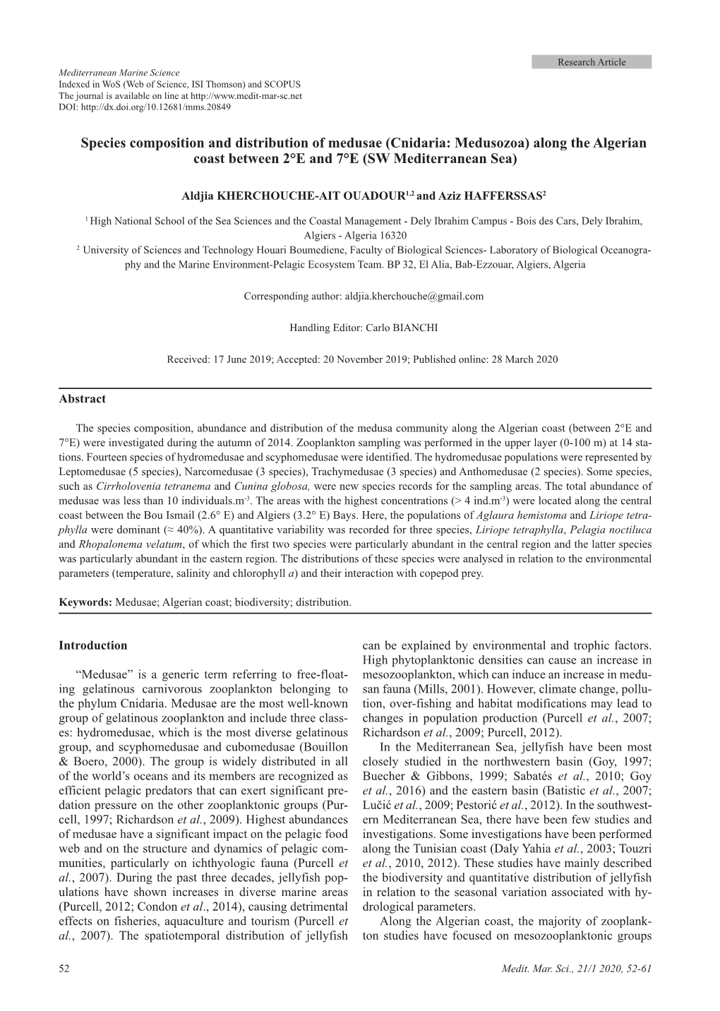 Species Composition and Distribution of Medusae (Cnidaria: Medusozoa) Along the Algerian Coast Between 2°E and 7°E (SW Mediterranean Sea)