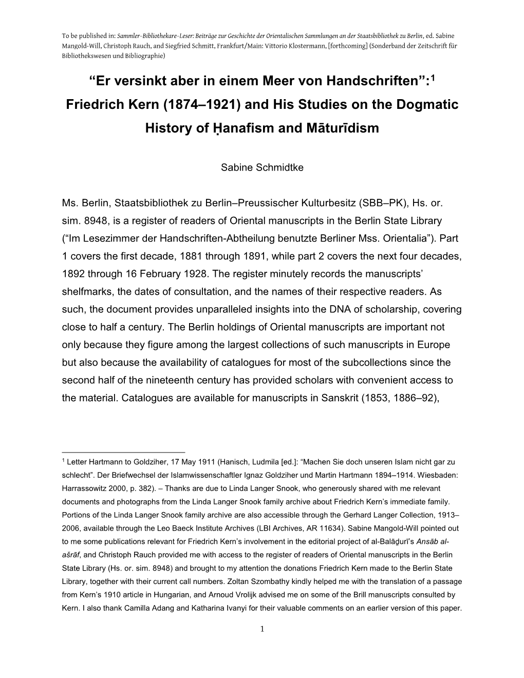 1 Friedrich Kern (1874–1921) and His Studies on the Dogmatic History of Ḥanafism and Māturīdism