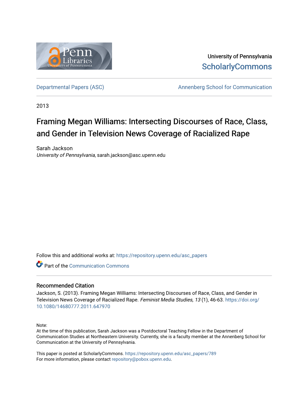 Framing Megan Williams: Intersecting Discourses of Race, Class, and Gender in Television News Coverage of Racialized Rape