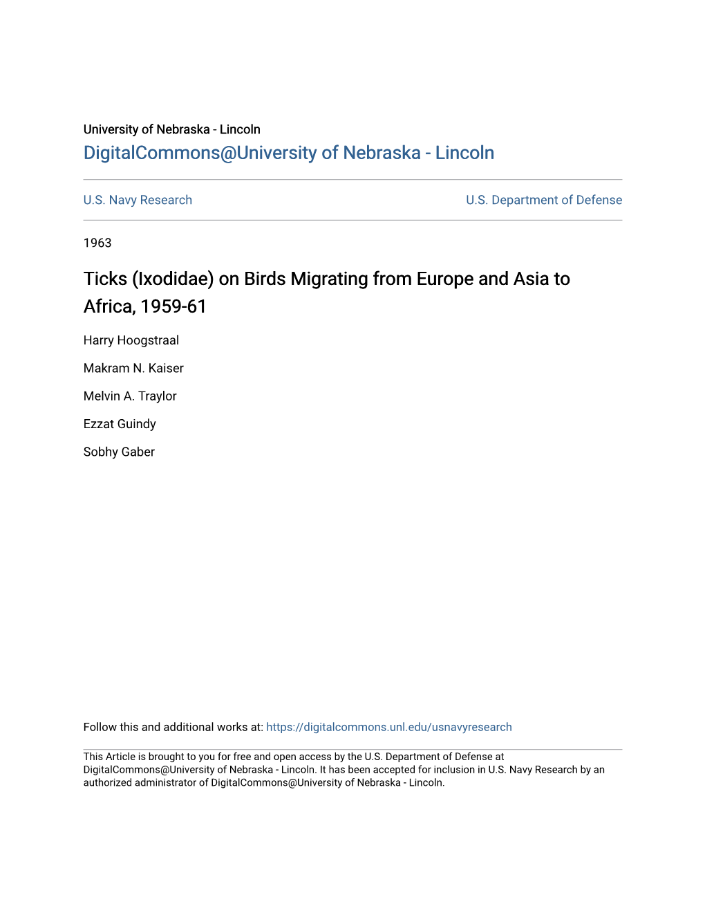 Ticks (Ixodidae) on Birds Migrating from Europe and Asia to Africa, 1959-61