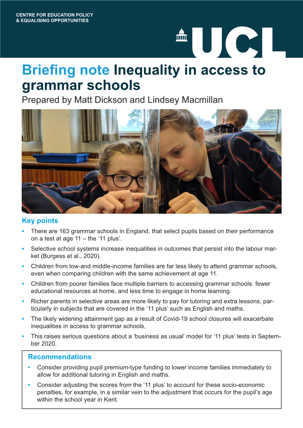 Briefing Note Inequality in Access to Grammar Schools