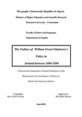 The Failure of William Ewart Gladstone's Policy in Ireland