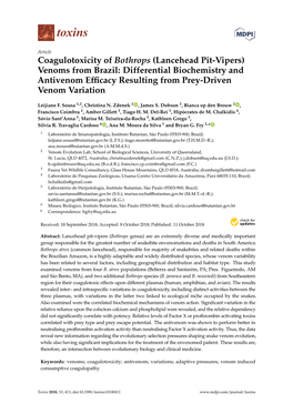 Coagulotoxicity of Bothrops (Lancehead Pit-Vipers) Venoms from Brazil: Differential Biochemistry and Antivenom Efﬁcacy Resulting from Prey-Driven Venom Variation