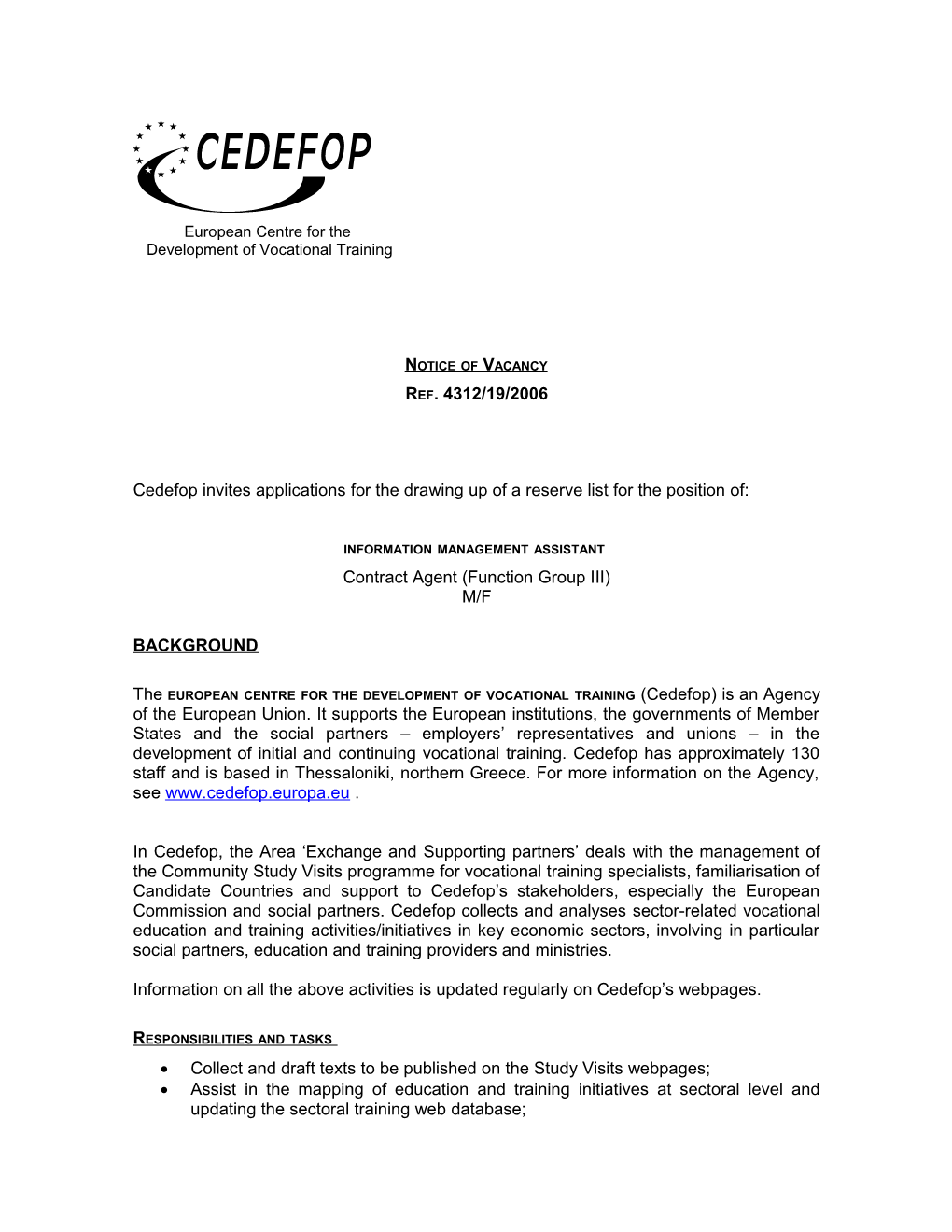 Cedefop Invites Applications for the Drawing up of a Reserve List for the Position Of