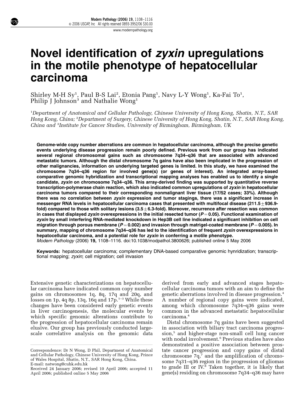 Novel Identification of Zyxin Upregulations in the Motile Phenotype of Hepatocellular Carcinoma