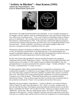 Artistry in Rhythm”—Stan Kenton (1943) Added to the National Registry: 2011 Essay by Michael Sparke (Guest Post)*