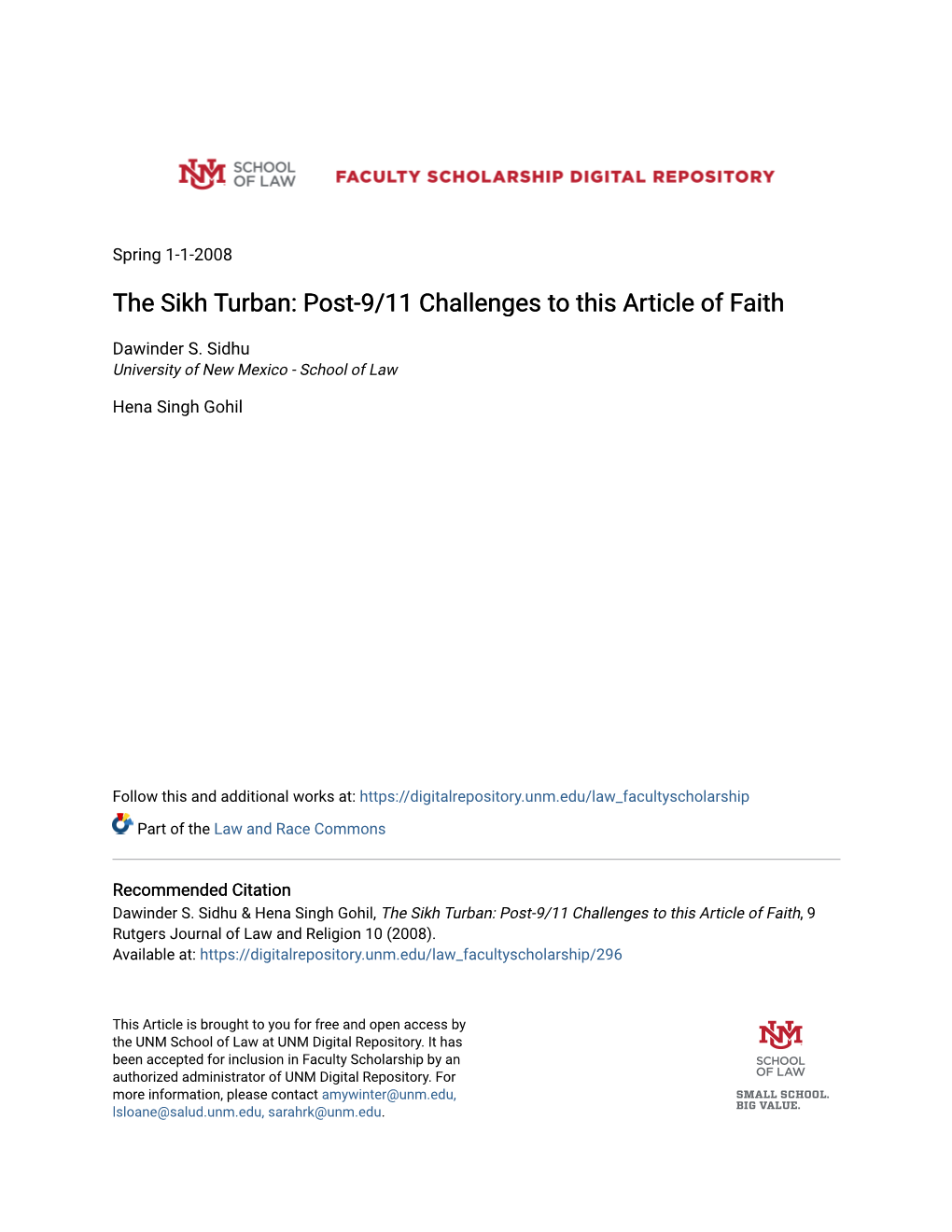 The Sikh Turban: Post-9/11 Challenges to This Article of Faith