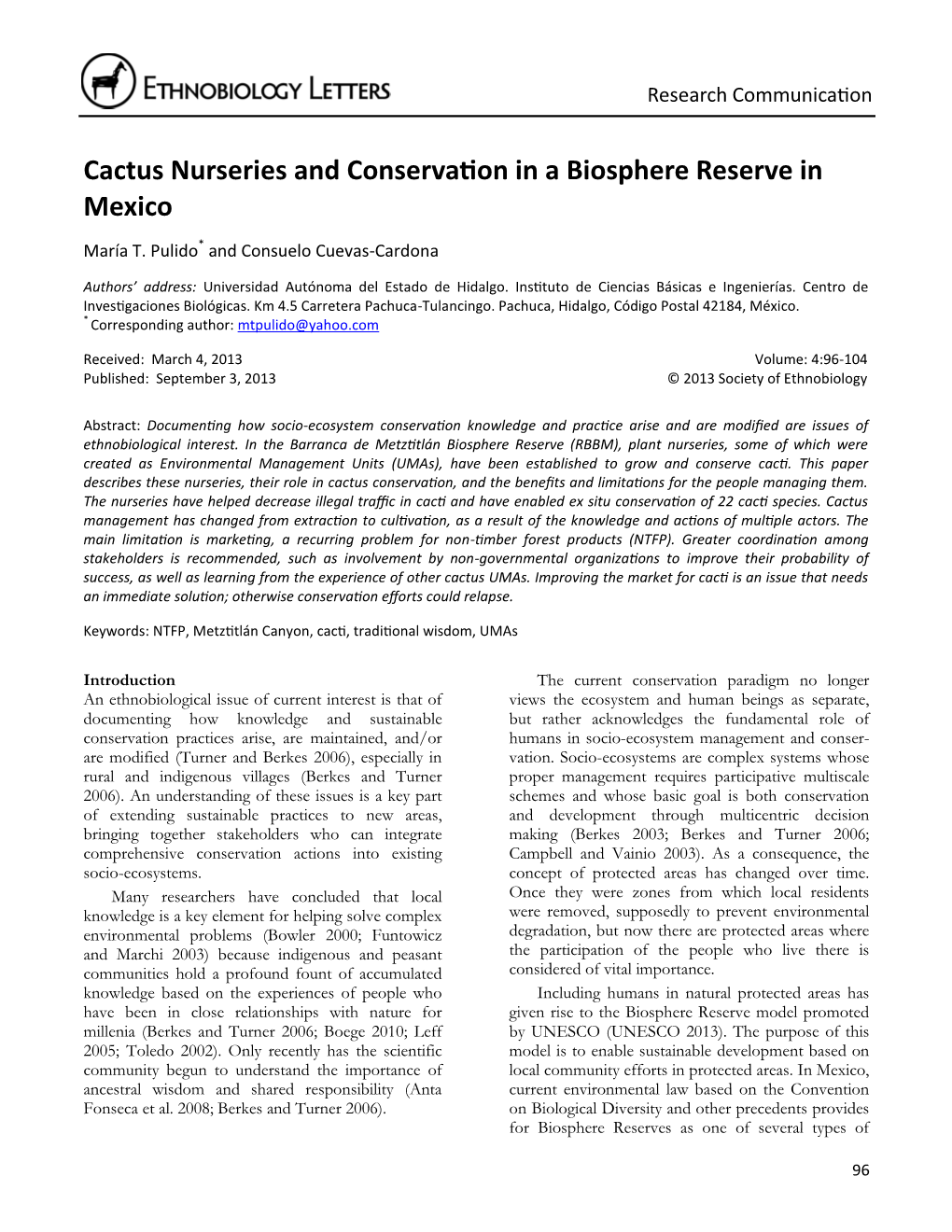 Cactus Nurseries and Conservation in a Biosphere Reserve in Mexico