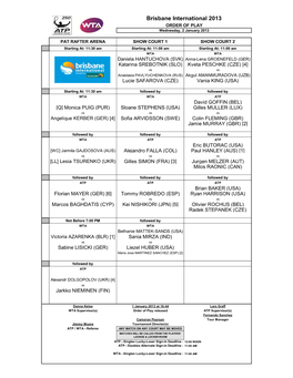 Brisbane International 2013 ORDER of PLAY Wednesday, 2 January 2013