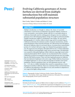 Evolving California Genotypes of Avena Barbata Are Derived from Multiple Introductions but Still Maintain Substantial Population Structure