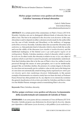 Multae Quippe Orationes Verae Quidem Sed Obscurae Calcidius’ Taxonomy of Textual Obscuritas