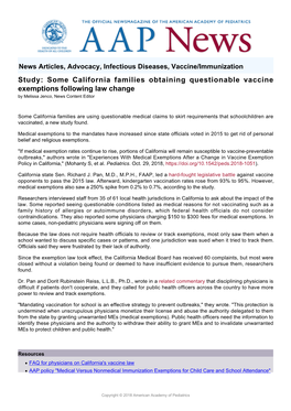 Some California Families Obtaining Questionable Vaccine Exemptions Following Law Change by Melissa Jenco, News Content Editor