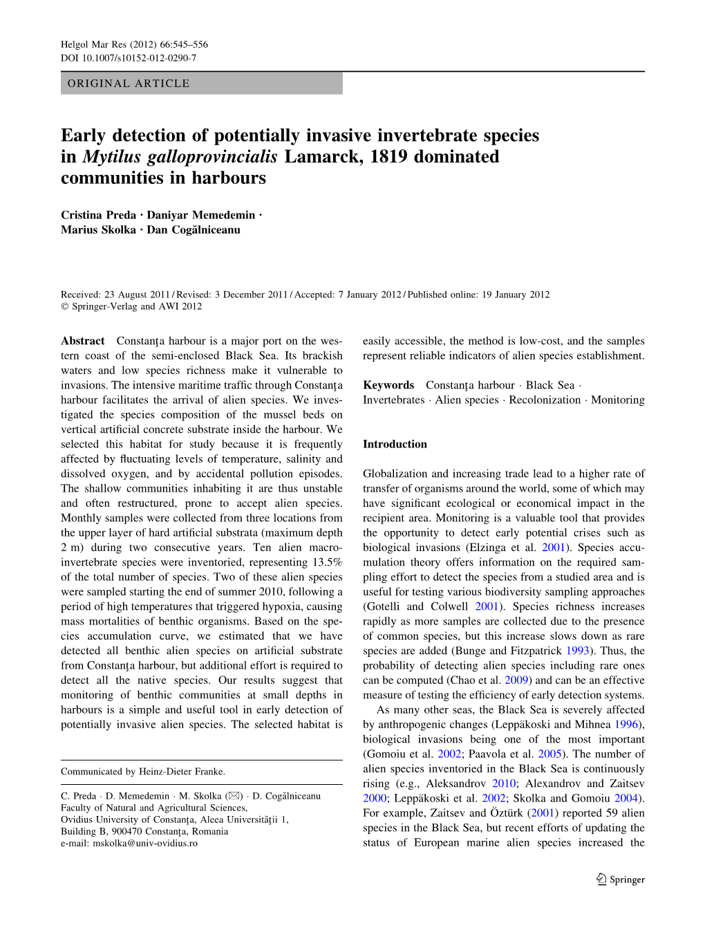 Early Detection of Potentially Invasive Invertebrate Species in Mytilus Galloprovincialis Lamarck, 1819 Dominated Communities in Harbours