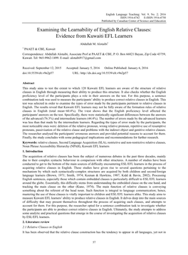 Examining the Learnability of English Relative Clauses: Evidence from Kuwaiti EFL Learners