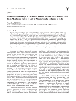 Note Biometric Relationships of the Indian Abalone Haliotis Varia