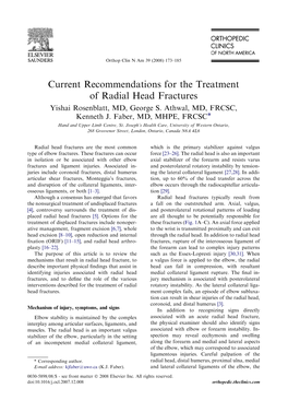 Current Recommendations for the Treatment of Radial Head Fractures Yishai Rosenblatt, MD, George S