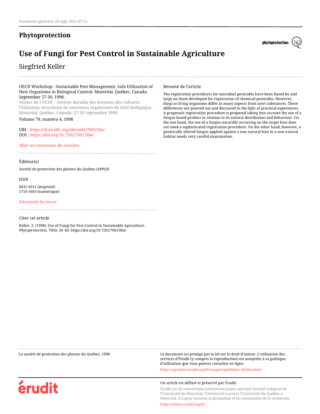 Use of Fungi for Pest Control in Sustainable Agriculture Siegfried Keller