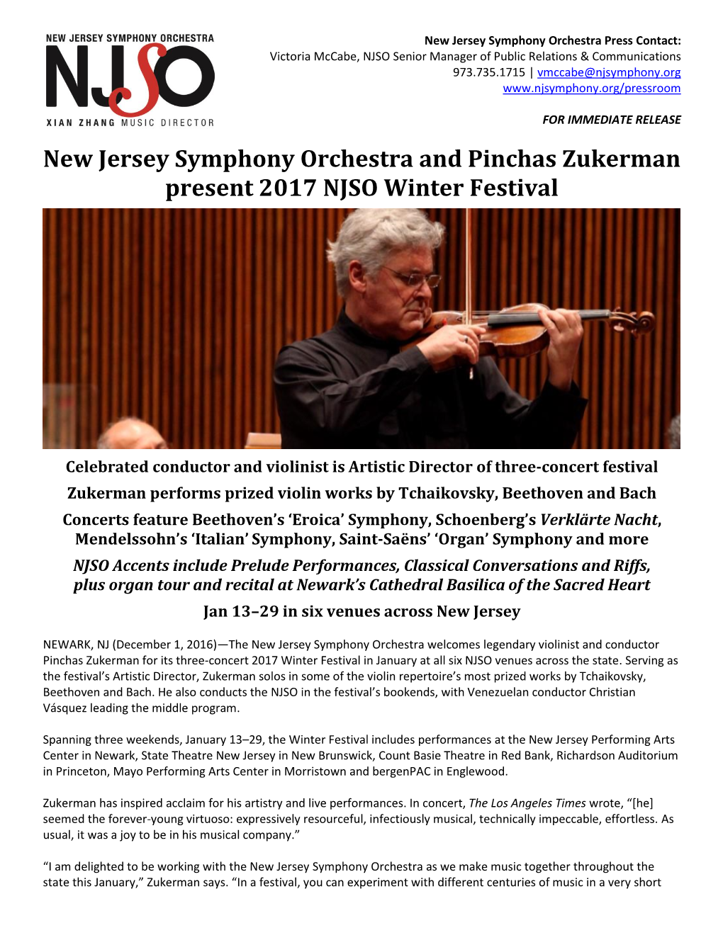 New Jersey Symphony Orchestra and Pinchas Zukerman Present 2017 NJSO Winter Festival