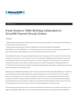 Frank Sinatra's 100Th Birthday Celebrated on Siriusxm Channel Siriusly Sinatra