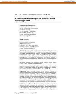 A Citation-Based Ranking of the Business Ethics Scholarly Journals