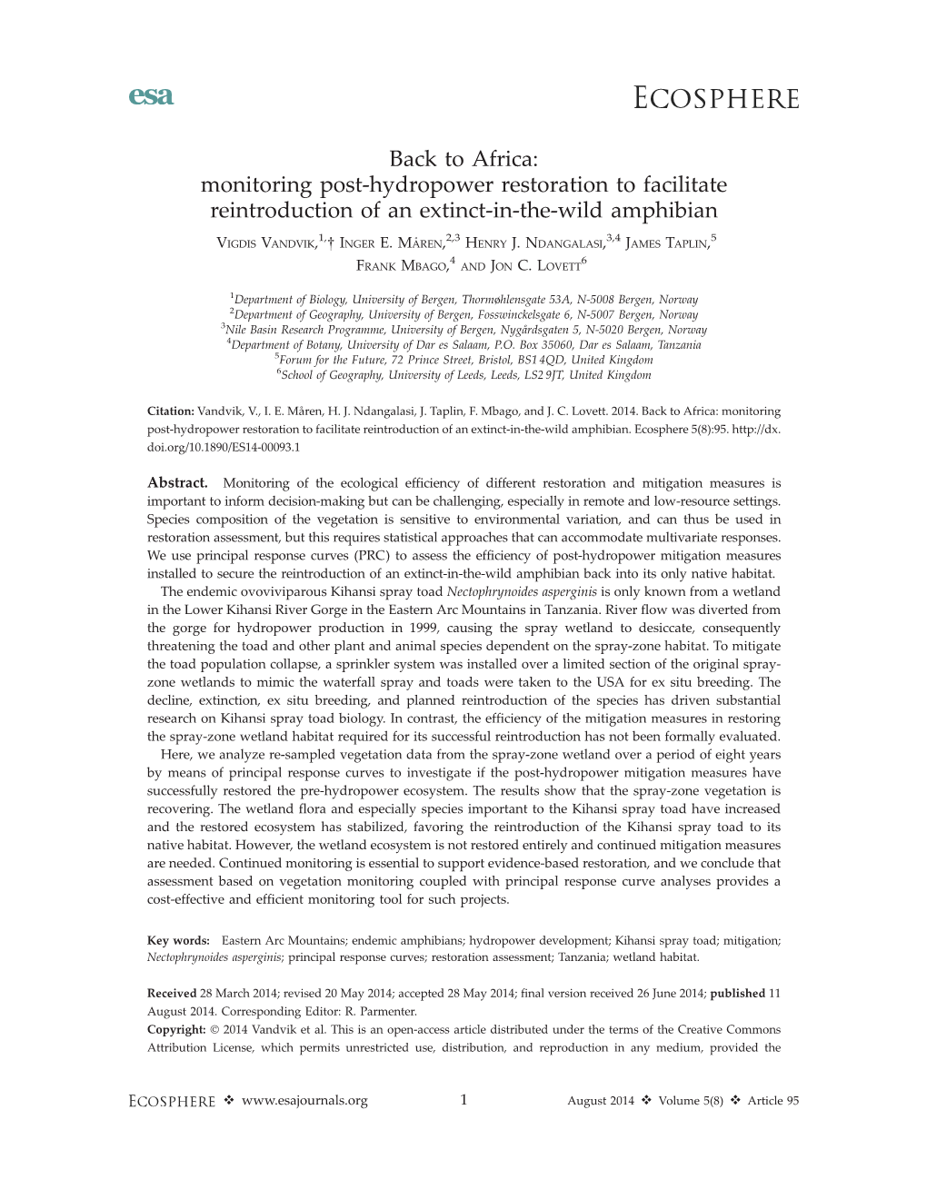 Monitoring Post-Hydropower Restoration to Facilitate Reintroduction of an Extinct-In-The-Wild Amphibian 1, 2,3 3,4 5 VIGDIS VANDVIK, INGER E