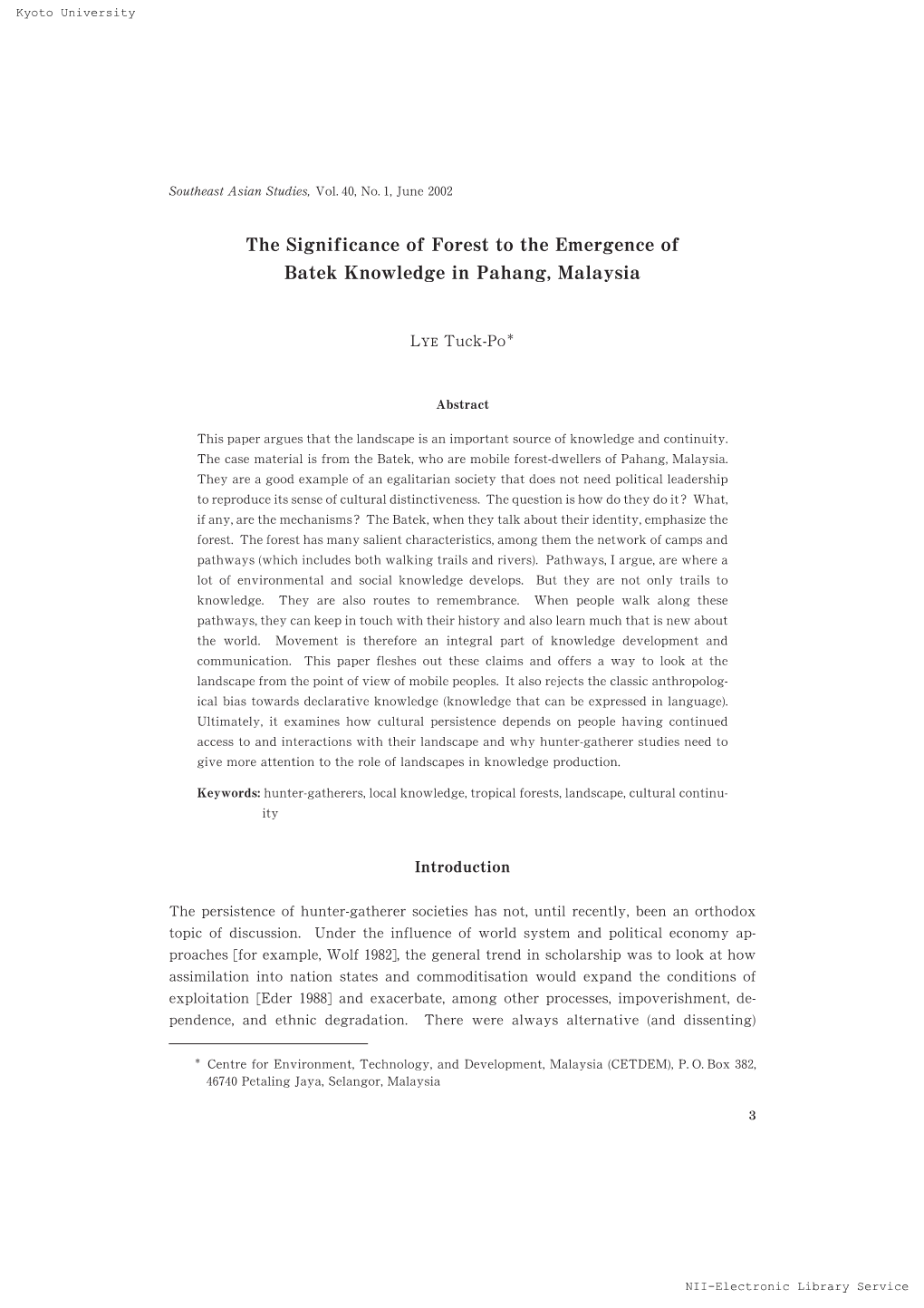 The Significance of Forest to the Emergence of Batek Knowledge in Pahang, Malaysia