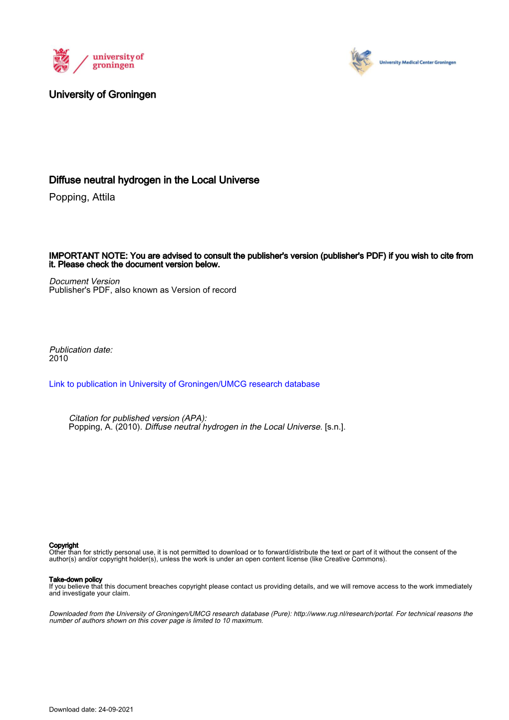 University of Groningen Diffuse Neutral Hydrogen in the Local