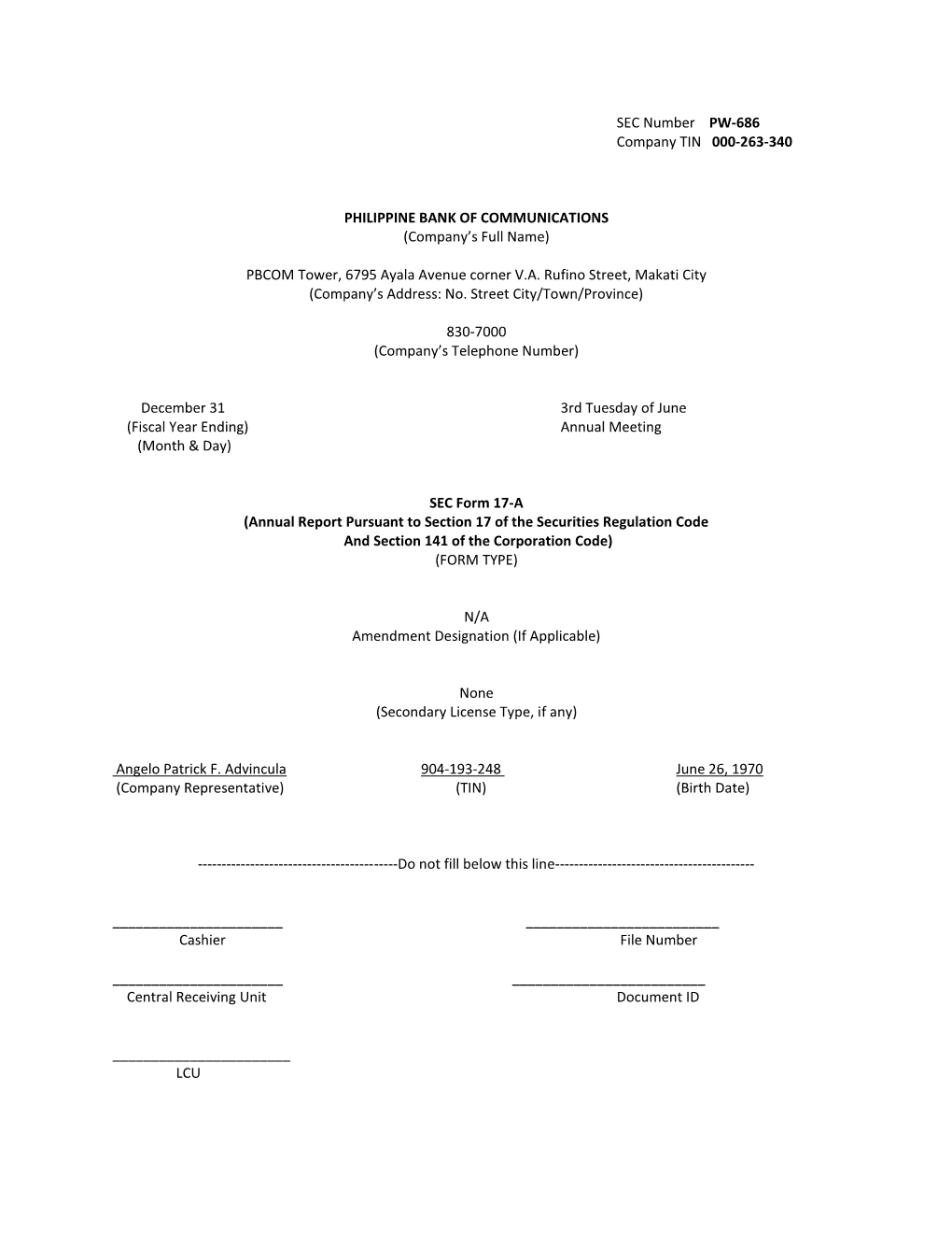 SEC Form 17-A (Annual Report Pursuant to Section 17 of the Securities Regulation Code and Section 141 of the Corporation Code) (FORM TYPE)