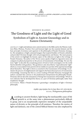 H E Goodness of Light and the Light of Good Symbolism of Light in Ancient Gnoseology and in Eastern Christianity