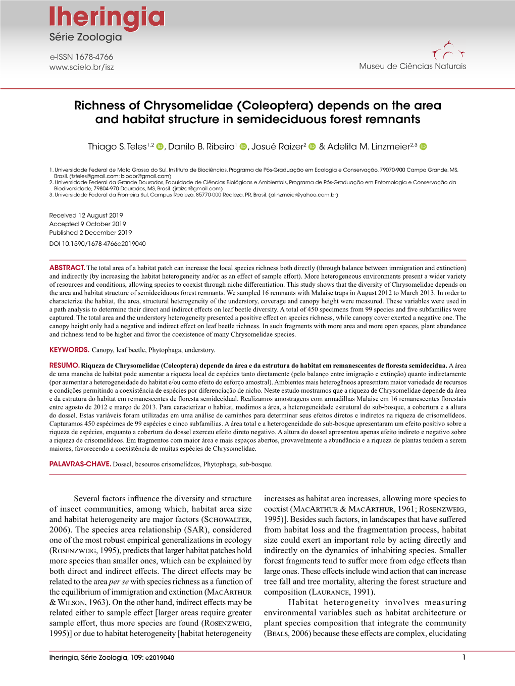 Richness of Chrysomelidae (Coleoptera) Depends on the Area and Habitat Structure in Semideciduous Forest Remnants