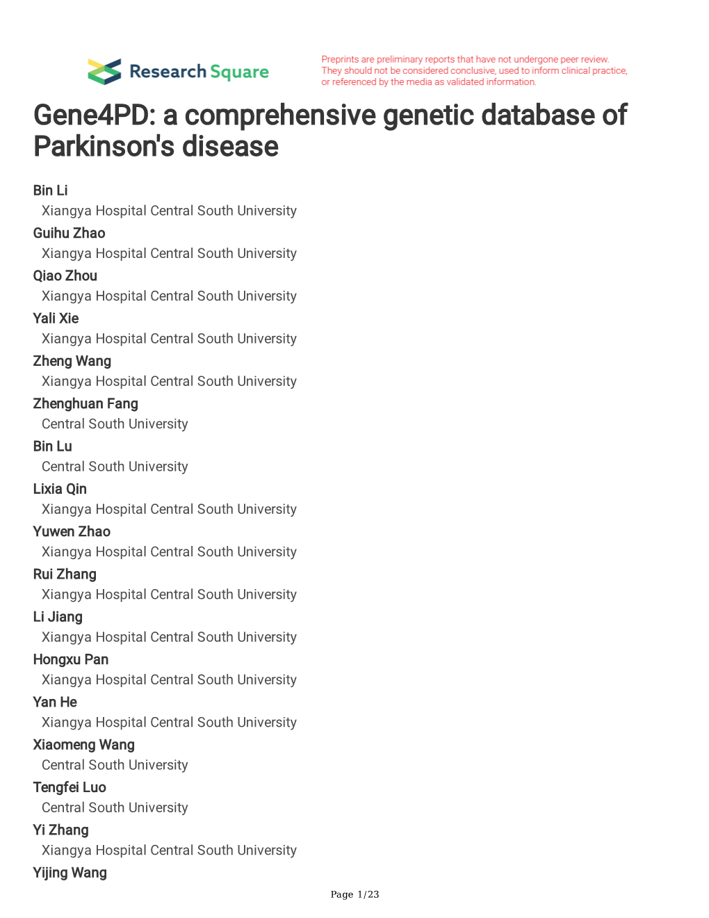 A Comprehensive Genetic Database of Parkinson's Disease