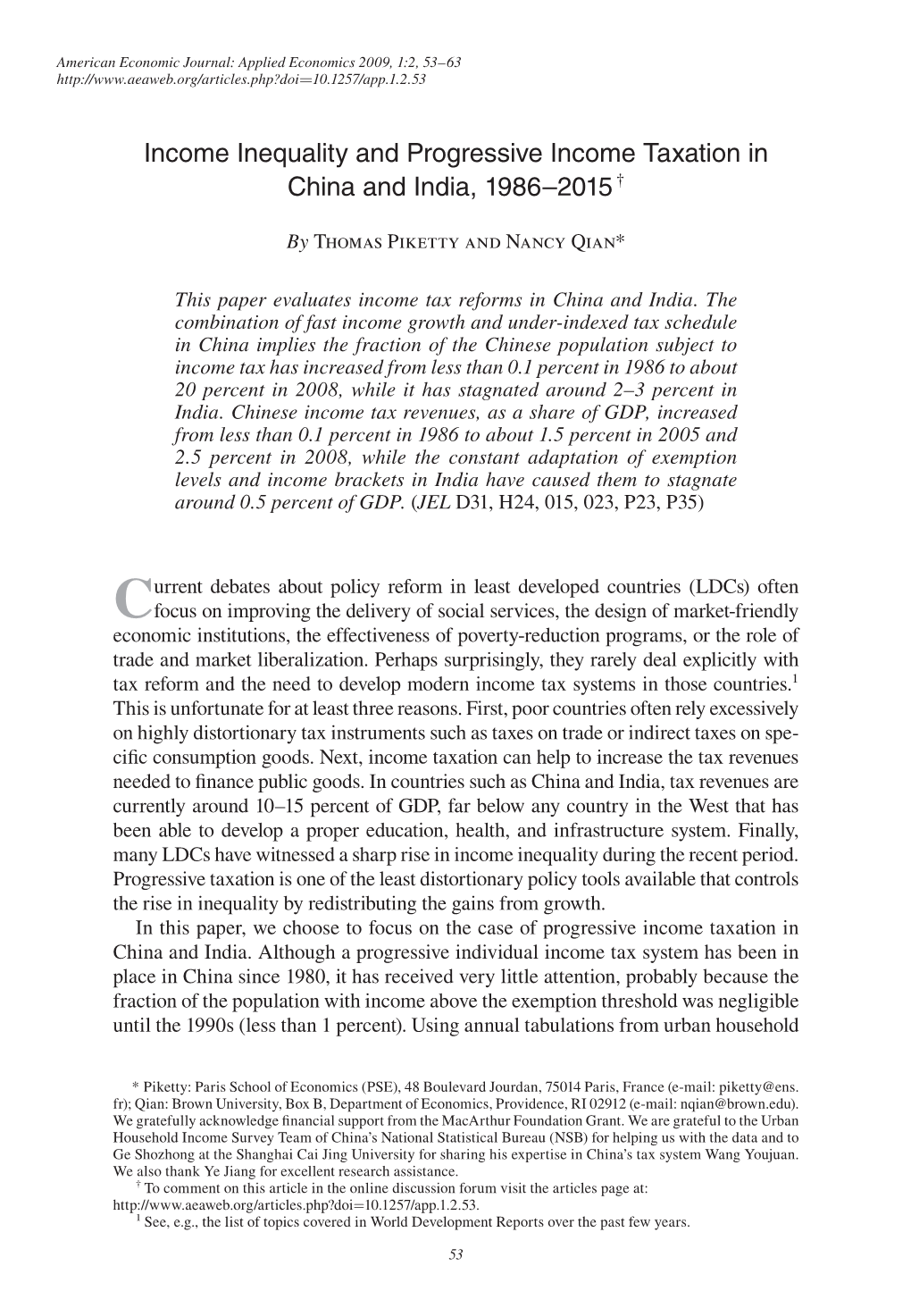 Income Inequality and Progressive Income Taxation in China and India, 1986–2015 †