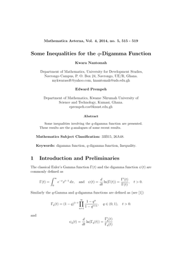 Some Inequalities for the Q-Digamma Function 1 Introduction and Preliminaries