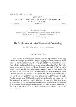 The Development of Polish Toponomastic Terminology