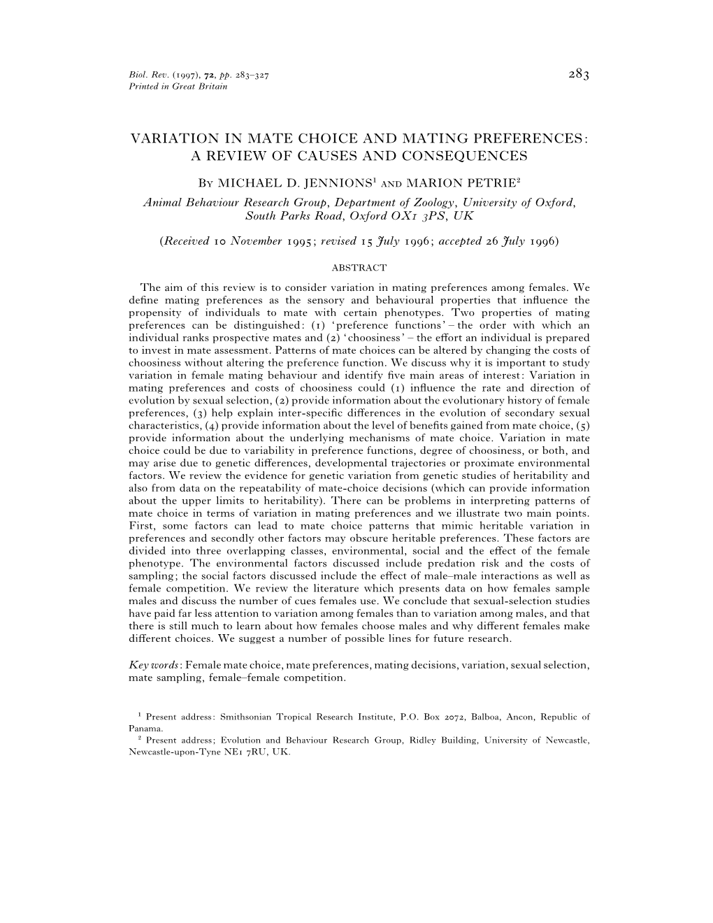 Variation in Mate Choice and Mating Preferences: a Review of Causes and Consequences 