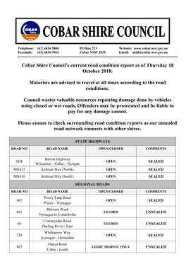 Cobar Shire Council's Current Road Condition Report As of Thursday 18