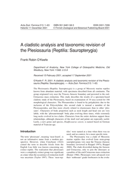 A Cladistic Analysis and Taxonomic Revision of the Plesiosauria (Reptilia: Sauropterygia)