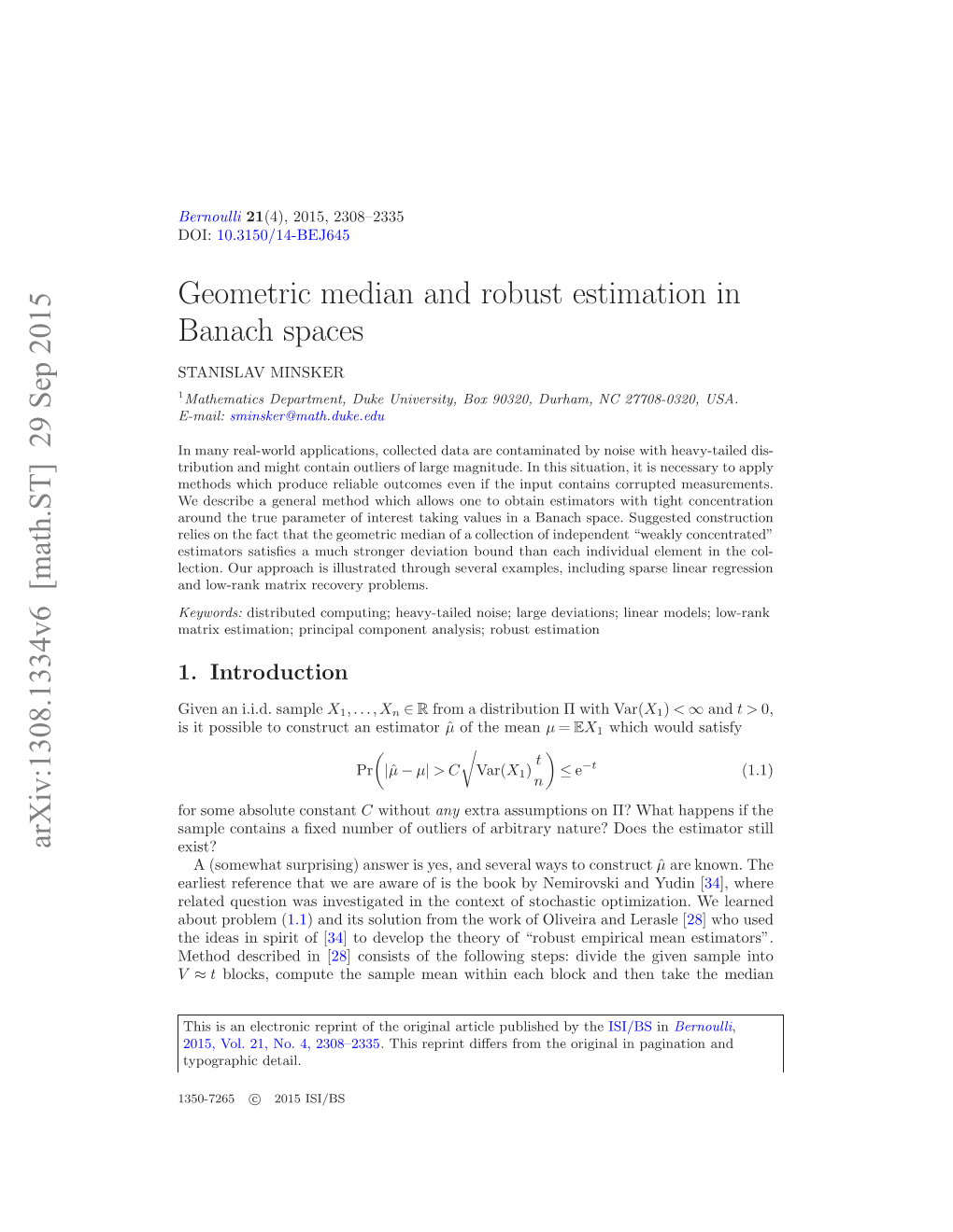 Geometric Median and Robust Estimation in Banach Spaces