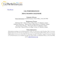 Cal Performances 2020–21 Season Calendar