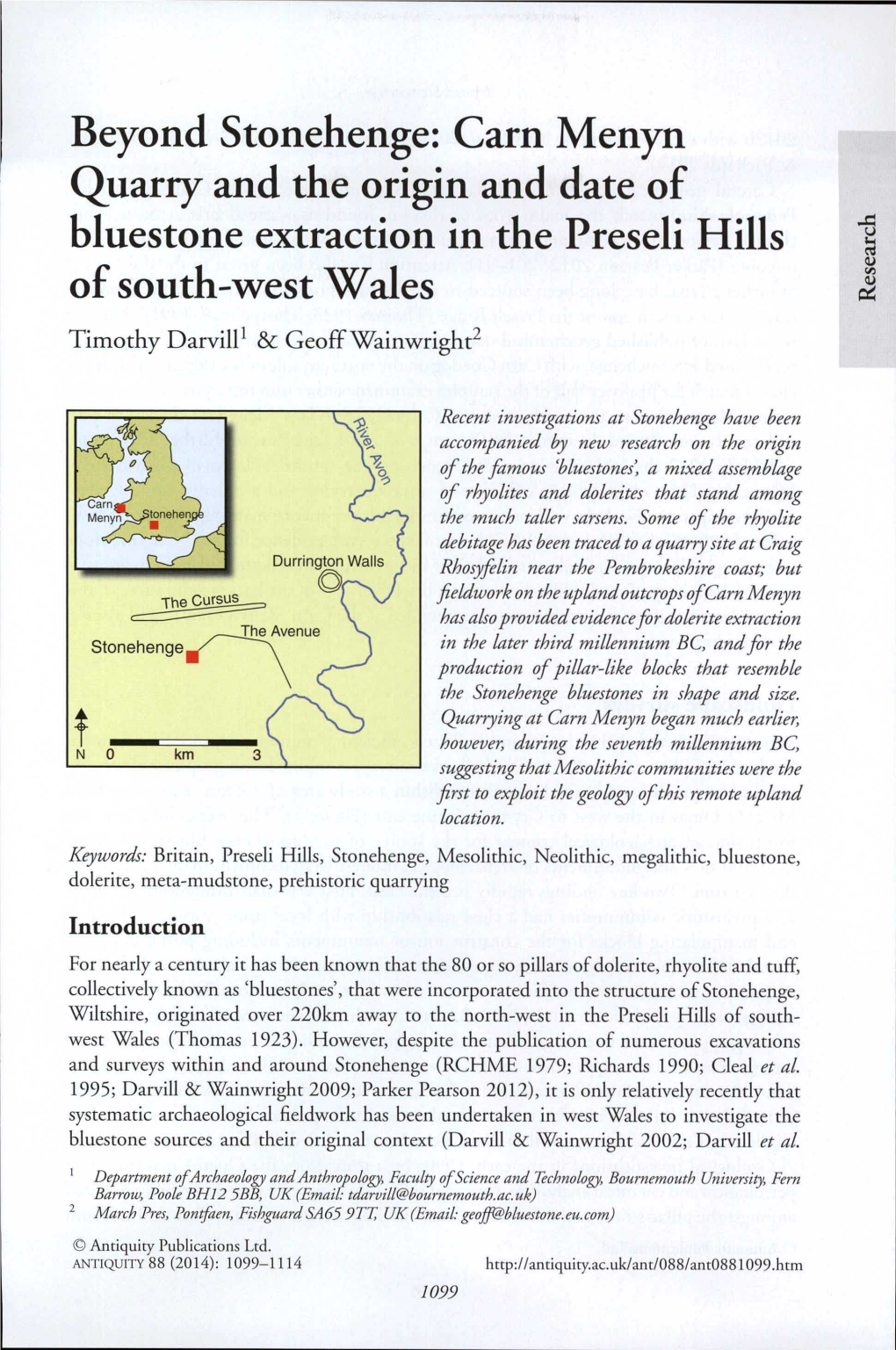 Beyond Stonehenge: Carn Menyn Quarry and the Origin and Date of Bluestone Extraction in the Preseli Hills of South-West Wales