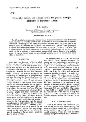Meteoritic Barium and Anomalies Cerium Versus in Meteoritic The