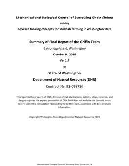 Mechanical and Ecological Control of Burrowing Ghost Shrimp Summary of Final Report of the Griffin Team State of Washington Depa