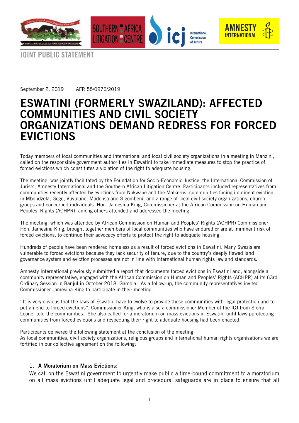 Eswatini (Formerly Swaziland): Affected Communities and Civil Society Organizations Demand Redress for Forced Evictions