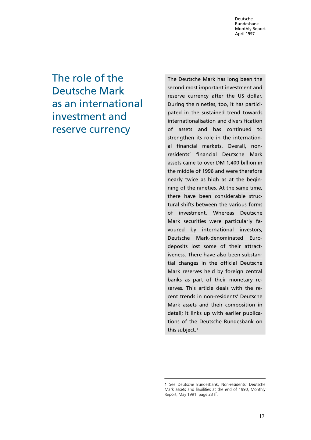 The Role of the Deutsche Mark As an International Investment And
