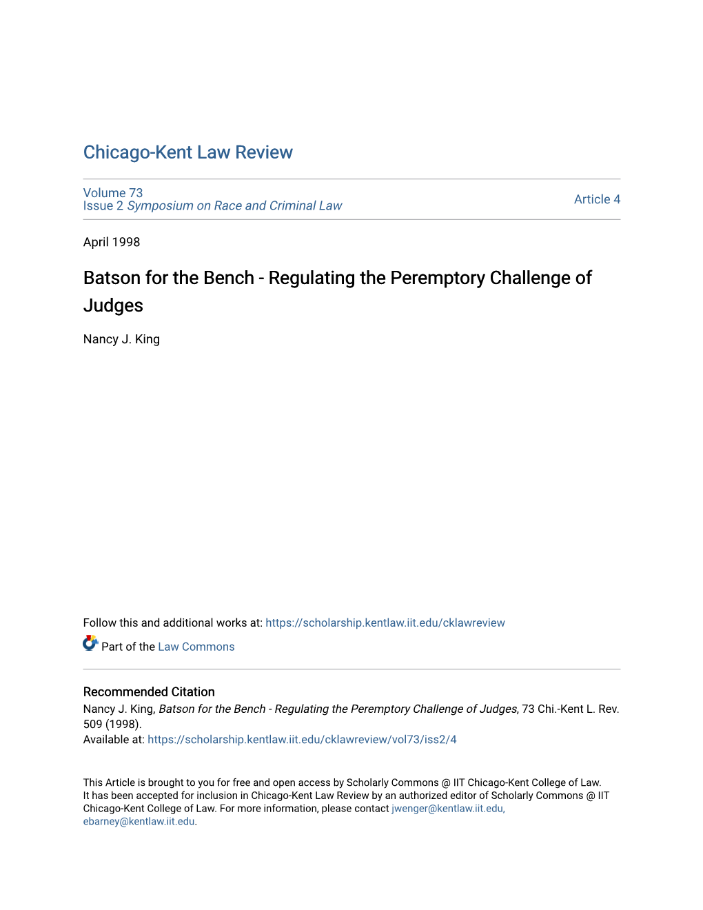 Batson for the Bench - Regulating the Peremptory Challenge of Judges