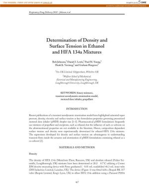 Determination of Density and Surface Tension in Ethanol and HFA 134A Mixtures