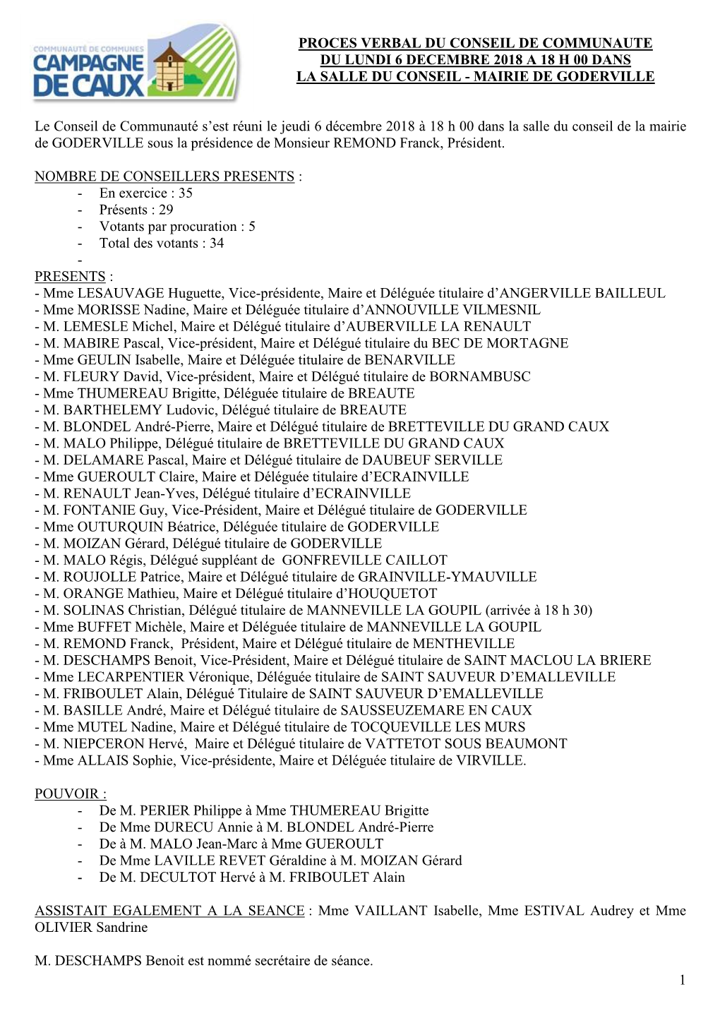 Proces Verbal Du Conseil De Communaute Du Lundi 6 Decembre 2018 a 18 H 00 Dans La Salle Du Conseil - Mairie De Goderville