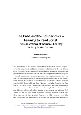 The Baba and the Bolshevichka – Learning to Read Soviet Representations of Women’S Literacy in Early Soviet Culture