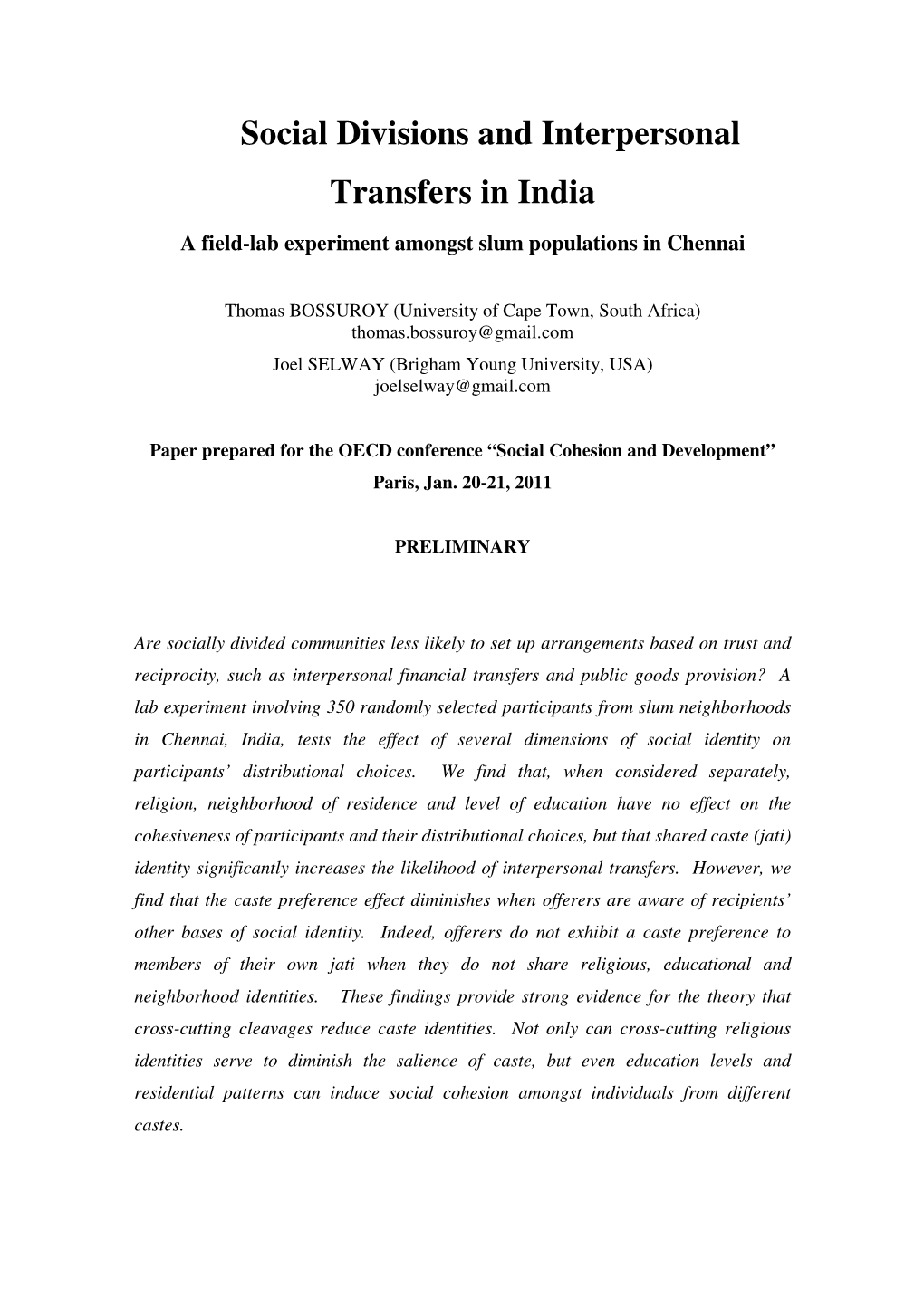 Social Divisions and Interpersonal Transfers in India